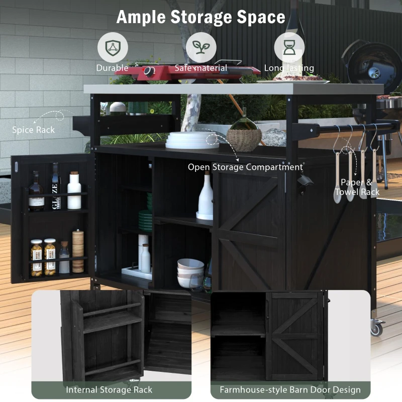 Outdoor Kitchen Island Cart, Rolling Bar Cart with Stainless Steel Top, Spice Rack, Towel Rack, Lockable Wheels, 50" L x 18.5" W x 36.5" H, Black
