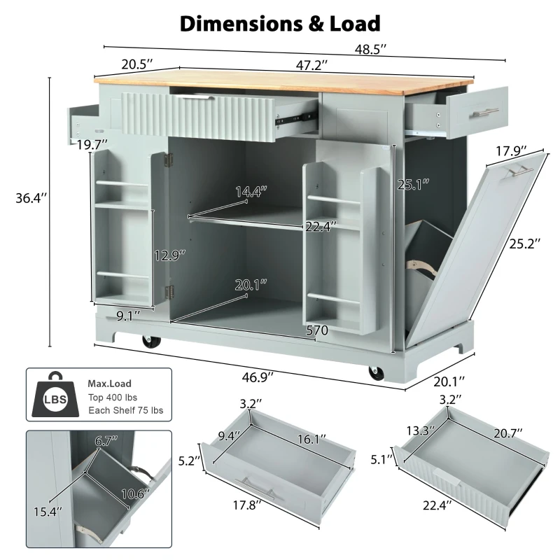 Fluted Kitchen Island with Trash Can Storage, Power Outlet, Adjustable Shelves, 3 Drawers, 3 Side Racks, 48.5" L x 20.5" W x 36.5" H, Gray+Blue