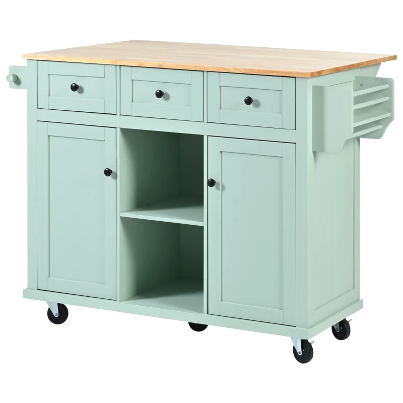 Kitchen Island Cart with 3 Drawers, 5 Wheels, Rubber Wood Drop-Leaf Countertop, Storage Cabinet, 53" L x 29.5" W x 37" H, Mint Green