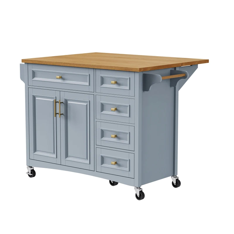 Kitchen Island with Drop Leaf, Towel Rack, 5 Drawers, Adjustable Shelf, Mobile Cart on Wheels with Spice Rack, 52" L x 29.5" W x 36" H, Blue+Grey