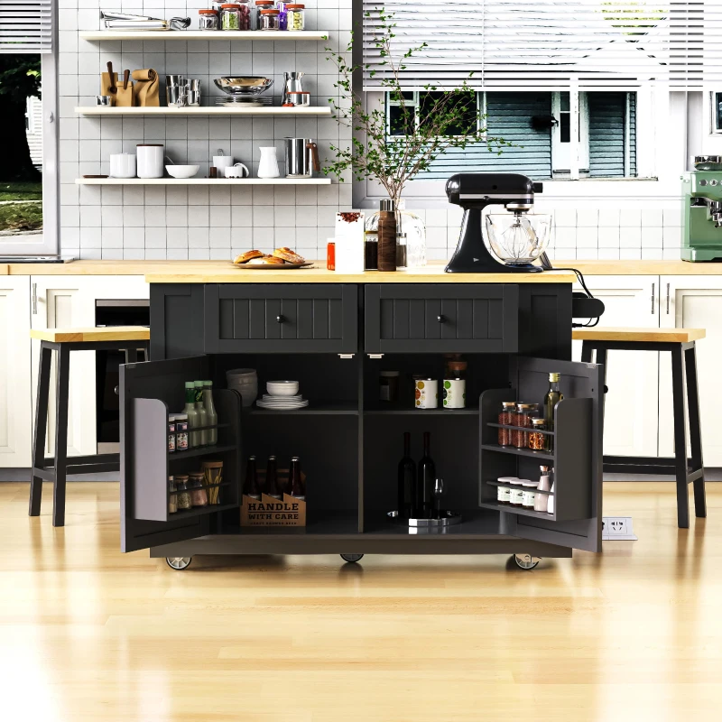 Kitchen Island with 2 Bar Stools, Power Outlet, Internal Rack, 5 Wheels, Drop Leaf, Adjustable Shelves, 2 Drawers, 48" L x 29.5" W x 37" H, Black