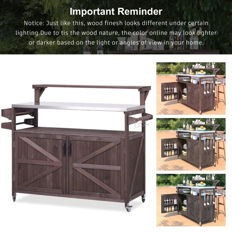 Outdoor Kitchen Island with Raised Shelf, Storage Cabinet, Stainless Steel Top, Rolling Grill Cart with Adjustable Shelves, Spice Rack, Brown