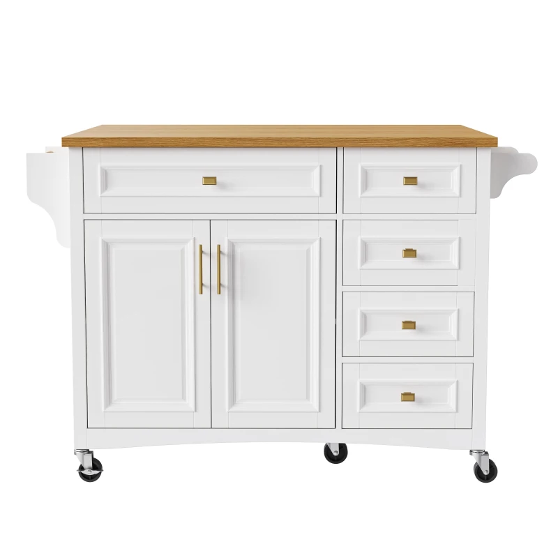Kitchen Island with Spice Rack, Drop Leaf, Towel Rack, 2 Doors, 5 Drawers, Adjustable Shelf, Embossed Texture, 52" L x 29.5" W x 36" H, White