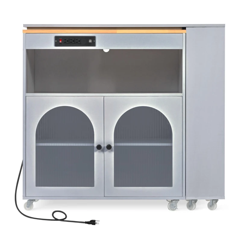 Extended LED Kitchen Island with Power Outlets, Adjustable Shelves, Central Island with Fluted Glass Doors, 56.5" L x 33" W x 38" H, Slate Blue