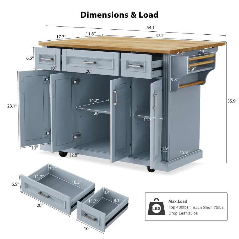 Kitchen Island Cart with Rubber Wood Drop Leaf, Embossed Texture, Adjustable Shelves, Hidden Wheels, 3 Drawers, 54" L x 29.5" W x 36" H, Grey+Blue