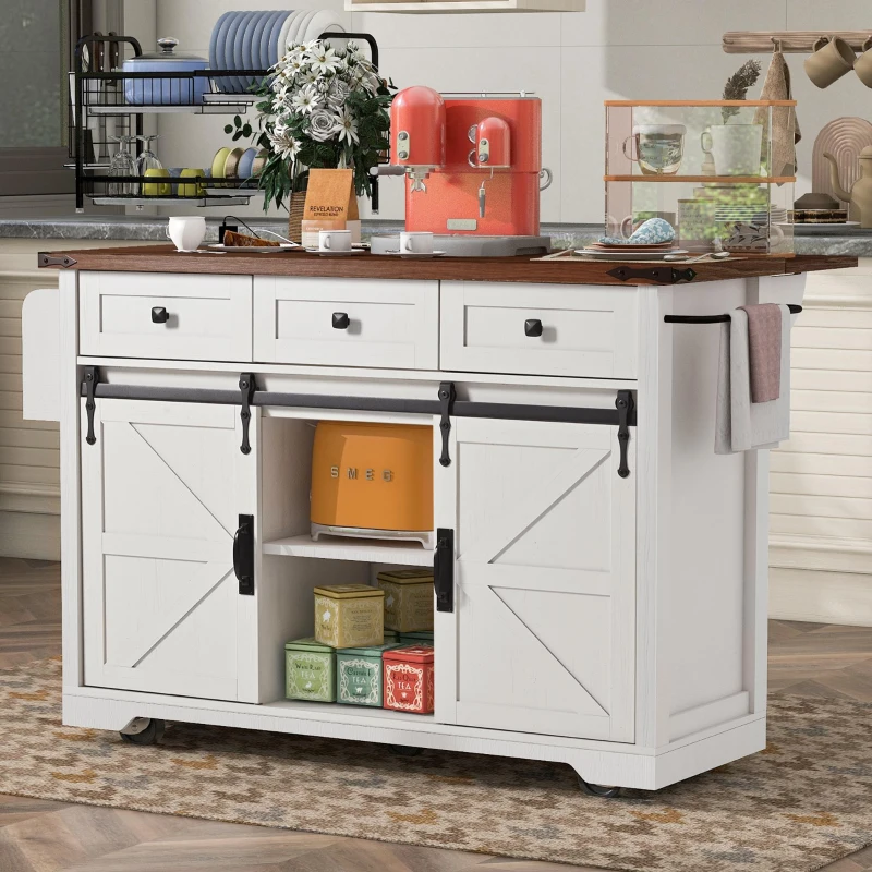Farmhouse Kitchen Island with 2 Sliding Barn Doors, Power Outlet, Drop Leaf, Spice Rack, Rolling Cart on Wheels, 54" L x 29" W x 37" H, White