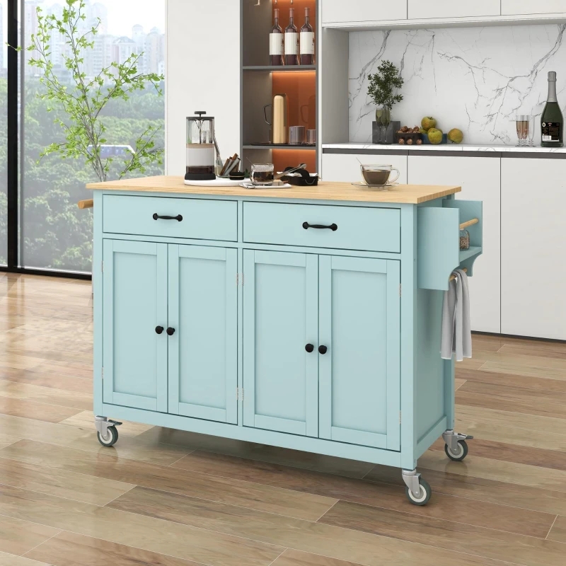 Kitchen Cart with 4-Door Cabinet, 2 Locking Wheels, Shelves and Racks, Cooking Island with Wood Top, 54.5" L x 18.5" W x 36" H, Mint Green