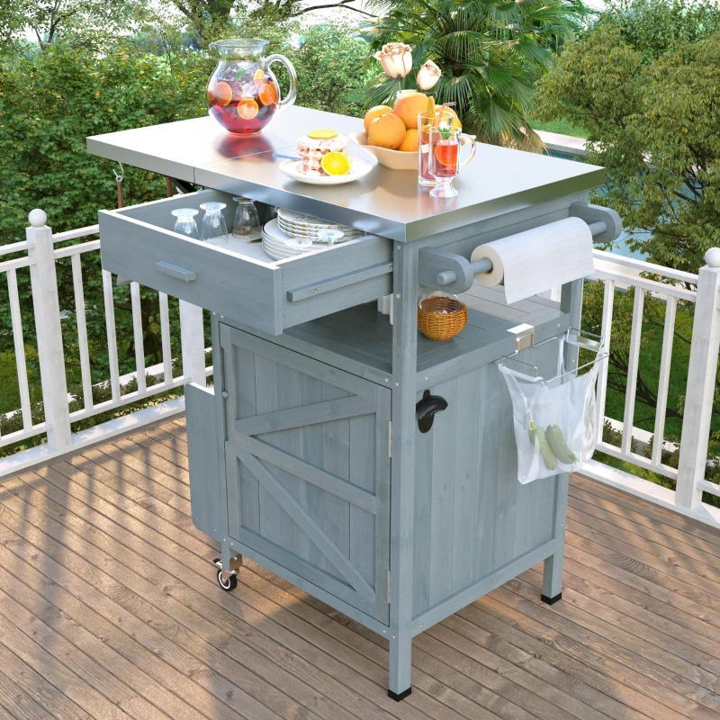 Outdoor Grill Cart with Stainless Steel Top, Storage Cabinet, Drop Leaf, Drawer, Towel Rack, Lockable Wheels, 40.5" L x 21" W x 36.3" H, Blue+Grey