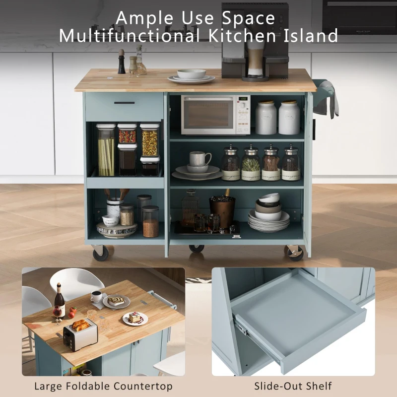Kitchen Island Cart with Foldable Countertop, Adjustable Shelves, Towel Rack, Drawer, and Lockable Wheels, 49" L x 33.2" W x 37.5" H, Gray+Blue