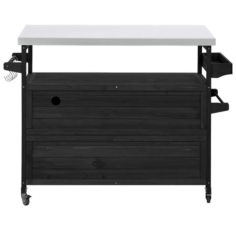 Outdoor Kitchen Island Cart, Rolling Bar Cart with Stainless Steel Top, Spice Rack, Towel Rack, Lockable Wheels, 50" L x 18.5" W x 36.5" H, Black