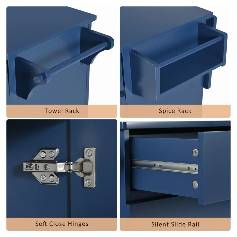 Kitchen Island with Drop Leaf, Rolling Cart with Spice and Towel Rack, 2 Drawers, Adjustable Shelves, 53.5" L x 27.5" W x 36.5" H, Navy Blue