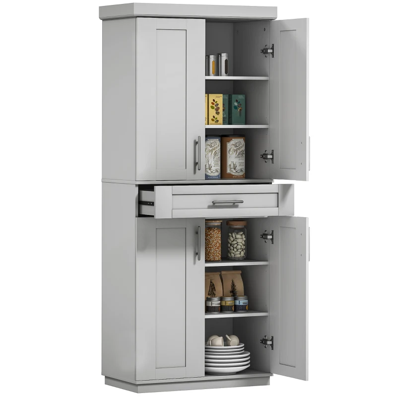 HOMCOM 72" Storage Cabinet, Freestanding Kitchen Pantry Cabinet with 4 Doors, Drawer and 3 Adjustable Shelves, Grey