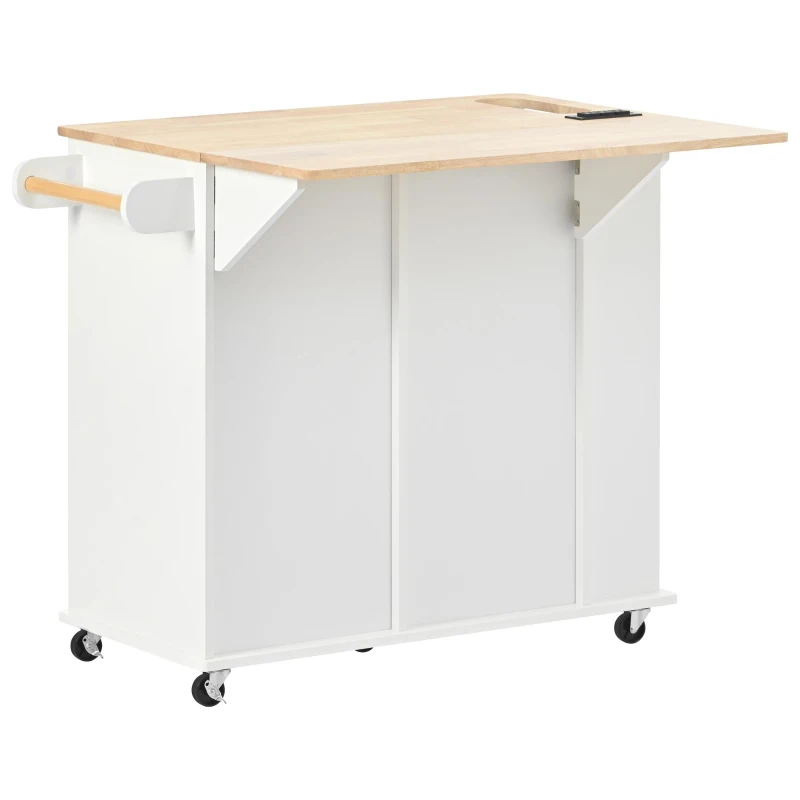 Kitchen Island with Power Outlet, Drop Leaf, Wine Rack, Adjustable Shelves, Utility Cart with Lockable Wheels, 40" L x 29.5" W x 34" H, White