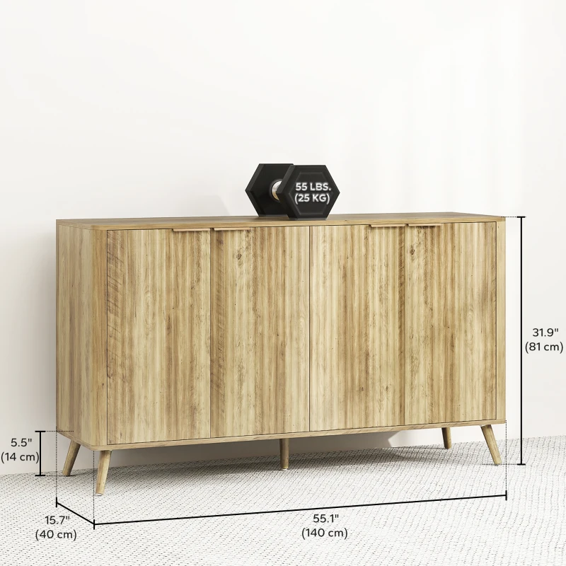 HOMCOM 55" Buffet Cabinet, Modern Sideboard with 4 Fluted Doors and 2 Adjustable Shelves for Kitchen, Living Room, White
