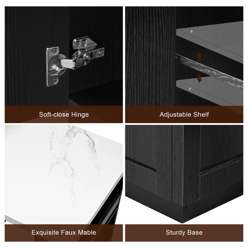 Kitchen Island with Extendable Dining Table for 4-6, Faux Marble Top, Double-Sided Storage, Power Outlet, 2 Drawers, 2 Side Open Shelves, Black