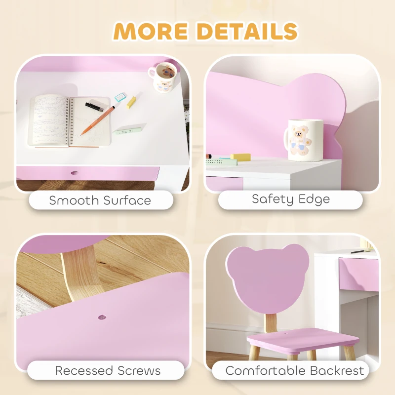 Qaba Kids Desk and Chair Set with Drawer for Drawing, Reading, Bear Theme Children Furniture for Bedroom, Daycare, Pink