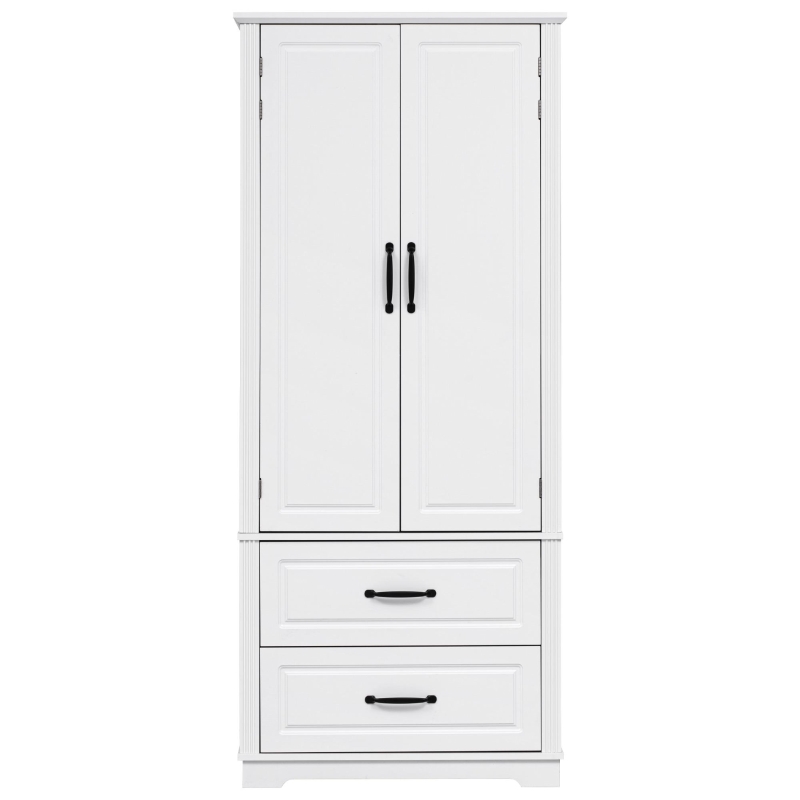 Farmhouse Kitchen Pantry Cabinet with Embossed Texture, 2 Drawers, 8 Door Shelves, Adjustable Shelves, Anti-Tip Kit, 30.5" L x 16" W x 71" H, White