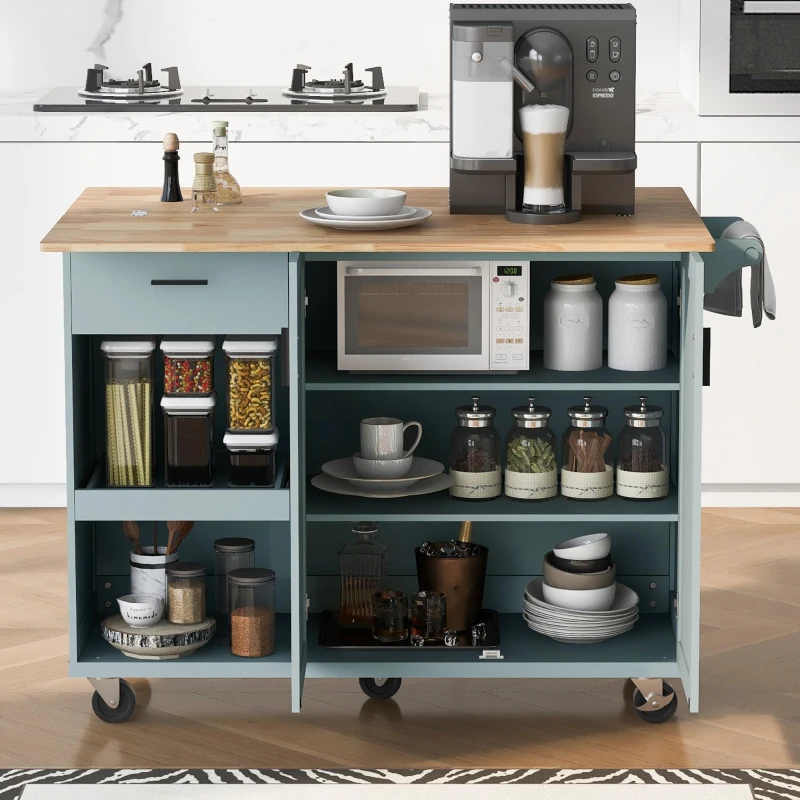 Kitchen Island Cart with Foldable Countertop, Adjustable Shelves, Towel Rack, Drawer, and Lockable Wheels, 49" L x 33.2" W x 37.5" H, Gray+Blue