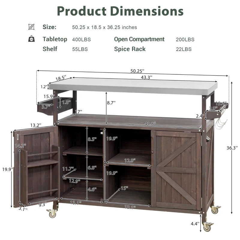 Outdoor Kitchen Island with Spice and Towel Rack, Stainless Steel Top, Rolling Bar Cart with Lockable Wheels, 50" L x 18.5" W x 36.5" H, Dark Brown