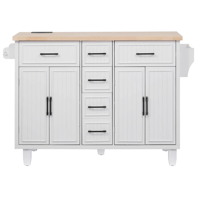 Kitchen Island with Drop Leaf and Power Outlet, Rolling Cart on Wheels, 4 Doors, Adjustable Shelves, Perfect for Kitchen and Dining Room, White