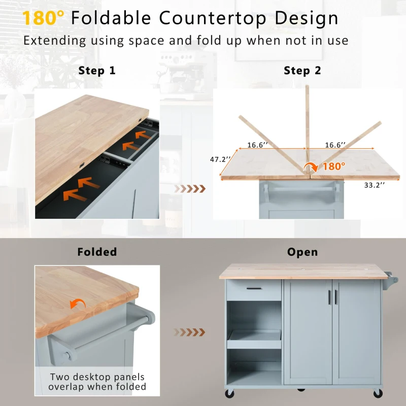 Kitchen Island Cart with Foldable Countertop, Adjustable Shelves, Towel Rack, Drawer, and Lockable Wheels, 49" L x 33.2" W x 37.5" H, Gray+Blue