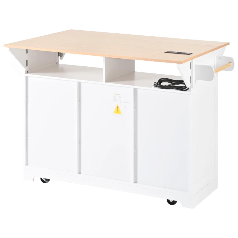 Kitchen Island Cart with Dual Drop Leaf, Power Outlet, Adjustable Shelves, Spice and Towel Rack, 3 Drawers, 56" L x 34" W x 36.5" H, White