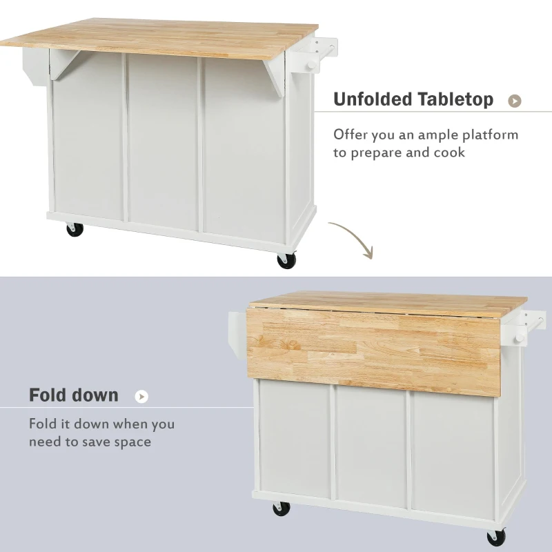 Kitchen Cart with 5 Wheels, 3 Drawers, Storage Cabinet, Central Island with Rubberwood Drop-Leaf Countertop, 53" L x 29.5" W x 37" H, White
