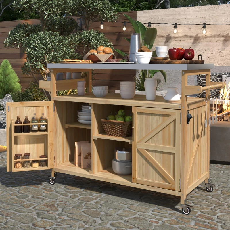Outdoor Kitchen Island with Stainless Steel Top, Spice and Towel Rack, Rolling Bar Cart with Lockable Wheels, 50" L x 18.5" W x 36.5" H, Natural
