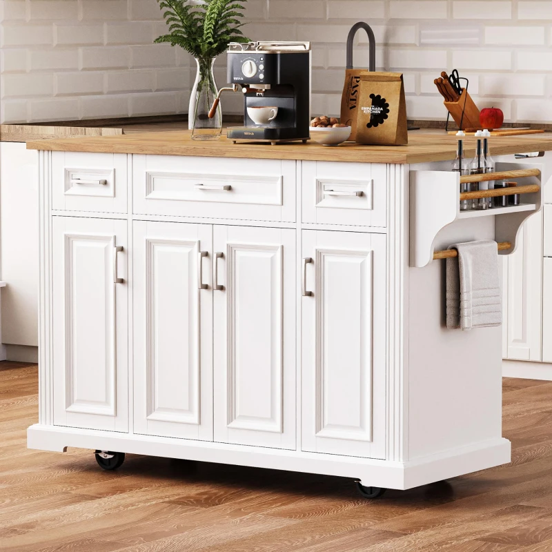 Kitchen Island Cart with Drop Leaf, 3 Drawers, Spice Rack, Rolling Kitchen Cart with Adjustable Shelves, 54" L x 29.5" W x 36" H, White