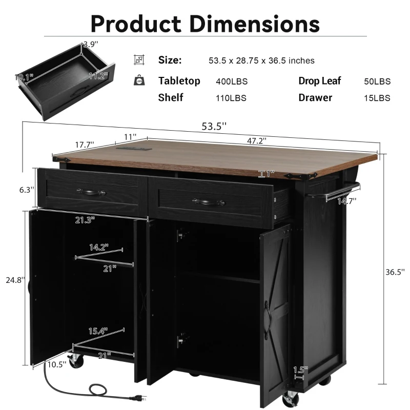 Farmhouse Kitchen Island with Storage Drawers, Power Outlet, Drop Leaf, Spice Rack, Rolling Cart on Wheels, 53.5" L x 29" W x 36.5" H, Black