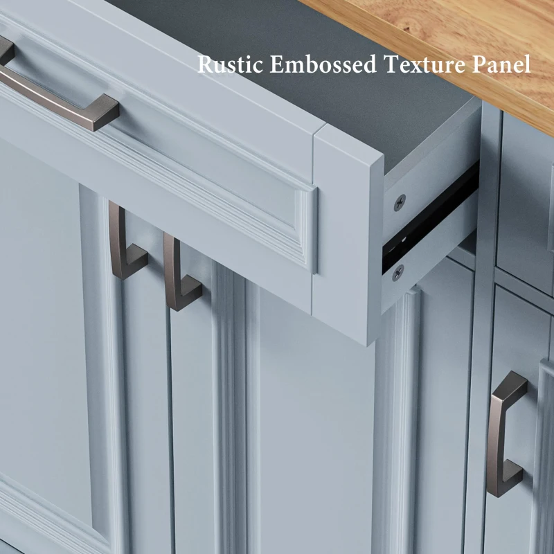 Kitchen Island Cart with Rubber Wood Drop Leaf, Embossed Texture, Adjustable Shelves, Hidden Wheels, 3 Drawers, 54" L x 29.5" W x 36" H, Grey+Blue