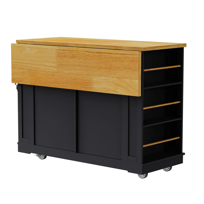 Kitchen Island with 2 Bar Stools, Power Outlet, Internal Rack, 5 Wheels, Drop Leaf, Adjustable Shelves, 2 Drawers, 48" L x 29.5" W x 37" H, Black