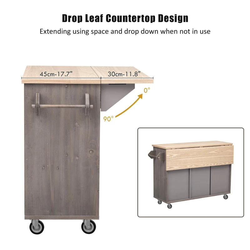 Kitchen Island with Drop Leaf, Rolling Cart on Wheels, Adjustable Shelves, Internal Storage Rack, Towel Rack, 51" L x 29.5" W x 36" H, Brown