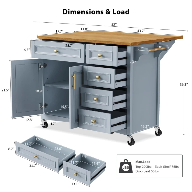 Kitchen Island with Drop Leaf, Towel Rack, 5 Drawers, Adjustable Shelf, Mobile Cart on Wheels with Spice Rack, 52" L x 29.5" W x 36" H, Blue+Grey