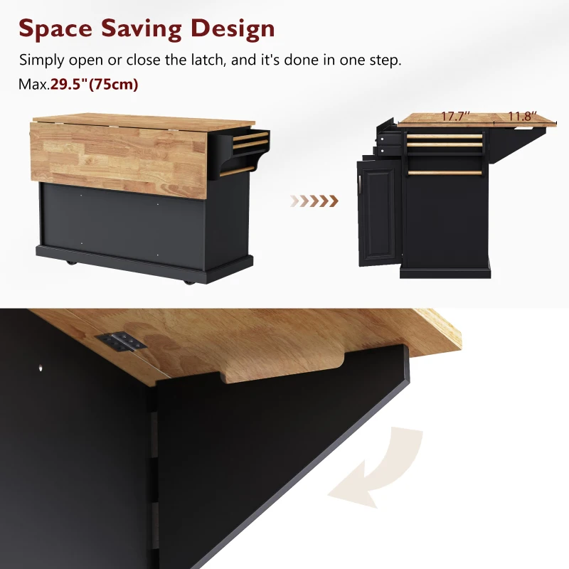 Kitchen Island Cart with Rubber Wood Drop Leaf, Embossed Texture, Rolling Cart with 4 Doors, 3 Drawers, Adjustable Shelves, Black