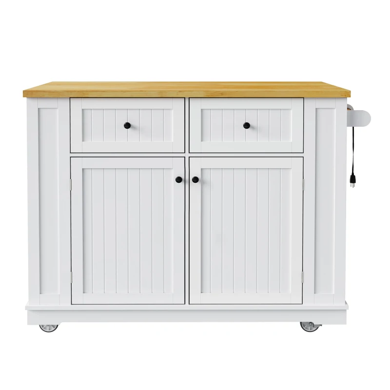 Kitchen Island with 2 Bar Stools, Power Outlet, Internal Rack, 5 Wheels, Drop Leaf, 2 Drawers, Adjustable Shelves, 48" L x 29.5" W x 37" H, White