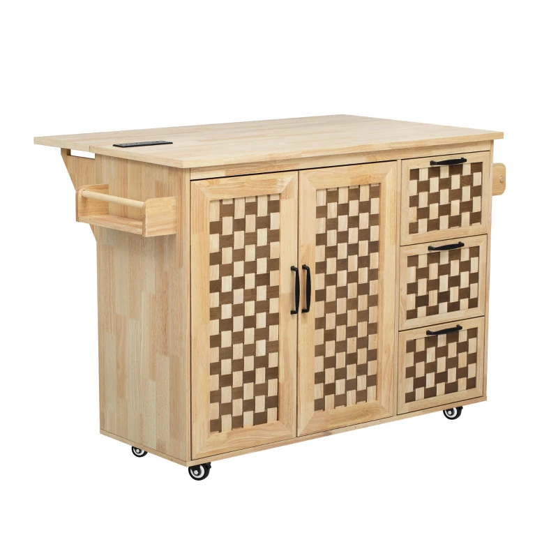 Kitchen Island with Drop Leaf, Drawers and Cabinets, Internal Rack, Power Outlet, Rolling Cart with Adjustable Shelf, 53" L x 29.5" W x 36" H, Natural
