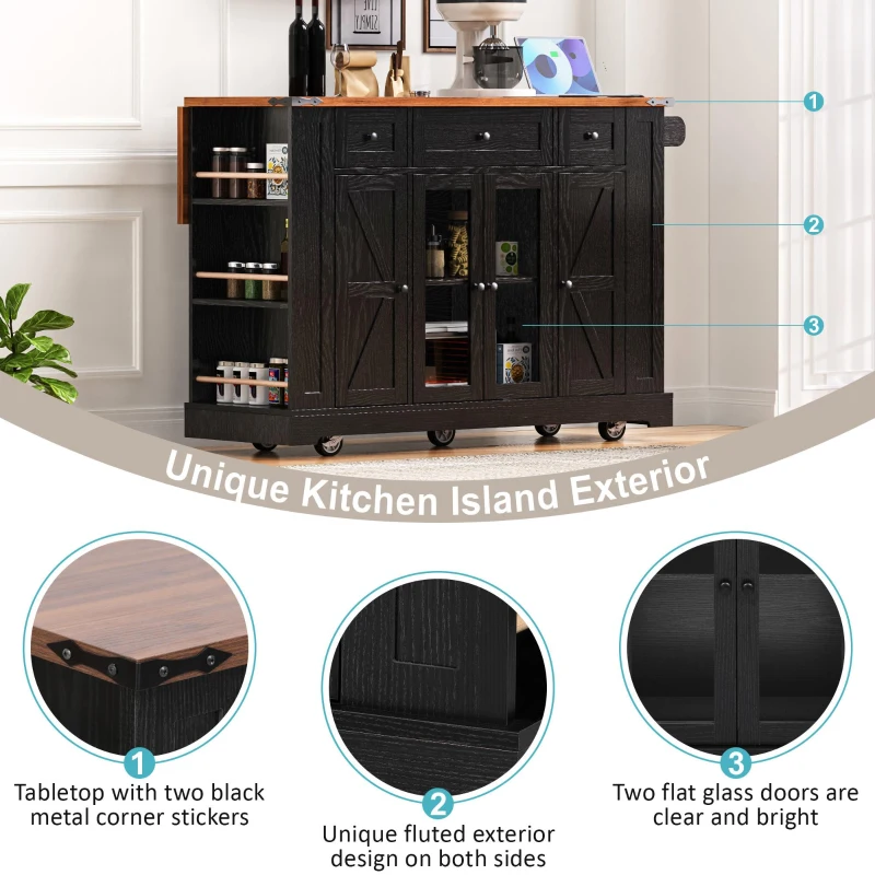 Farmhouse Kitchen Island with Tempered Glass Doors, Power Outlet, Rolling Cart with Drop Leaf, 5 Racks, 3 Drawers, 53" L x 29.5" W x 36" H, Black