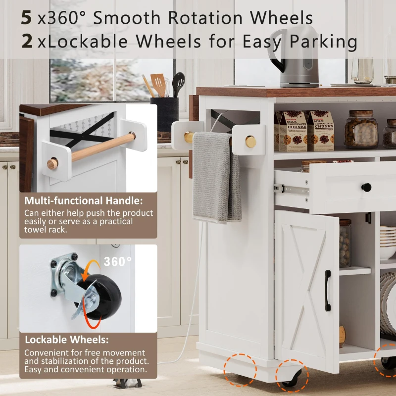 Farmhouse Kitchen Island Cart with Beaded Drape, Power Outlet, Drop Leaf, Rolling Wheels, 3 Doors, 3 Drawers, Adjustable Shelves, White