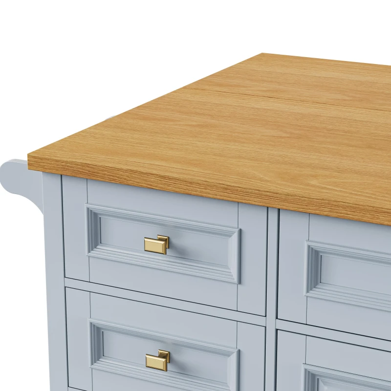 Kitchen Island with Drop Leaf, Towel Rack, 5 Drawers, Adjustable Shelf, Mobile Cart on Wheels with Spice Rack, 52" L x 29.5" W x 36" H, Blue+Grey
