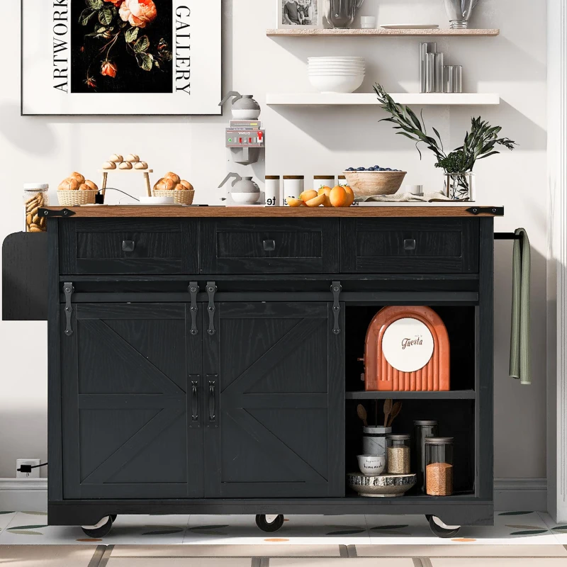 Farmhouse Kitchen Island with 2 Sliding Barn Doors, Power Outlet, Drop Leaf, Spice Rack, Utility Cart on Wheels, 54" L x 29" W x 37" H, Black