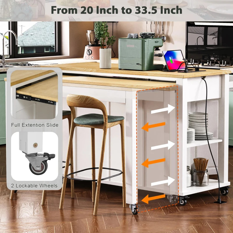 Kitchen Island with Extendable Dining Table, Rubber Wood Veneer, Internal Rack, Power Outlet, 2 Drawers, 2 Cabinets, 47" L x 33.5" W x 37" H, White