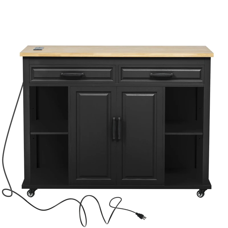 Kitchen Island with Extendable Dining Table, Rubber Wood Veneer, Internal Rack, Power Outlet, Drawers and Cabinets, 47" L x 33.5" W x 37" H, Black