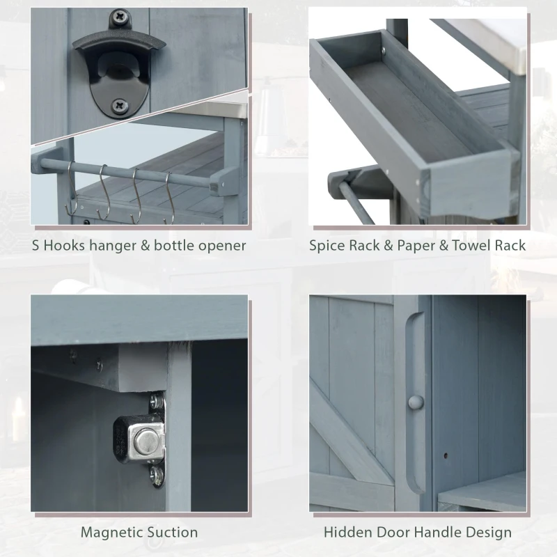 Outdoor Kitchen Island with Spice and Towel Rack, Lockable Wheels, Rolling Bar Cart with Stainless Steel Top, 50" L x 18.5" W x 36.5" H, Slate Blue