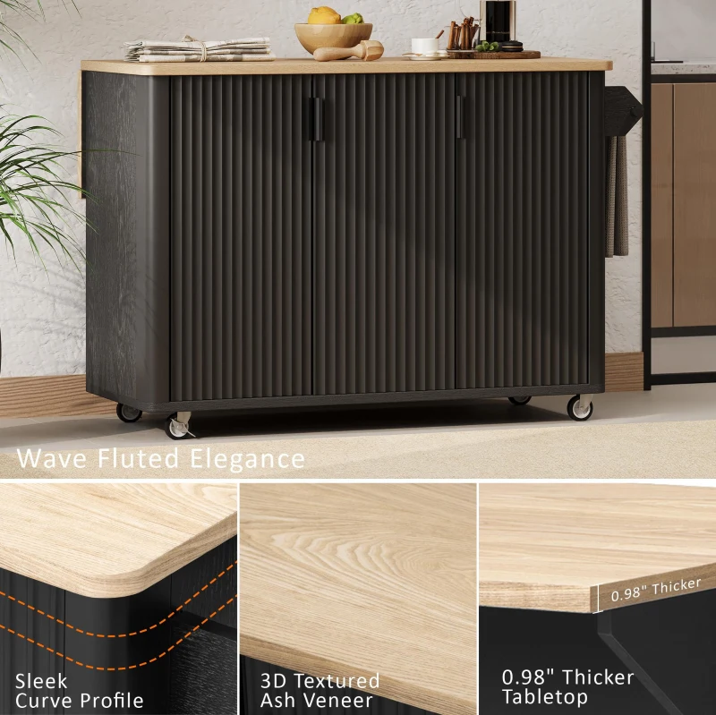 Fluted Kitchen Island with Drop Leaf, Adjustable Shelves, Mobile and Stationary Options, Rolling Cart with Internal Storage, Towel Rack, Black