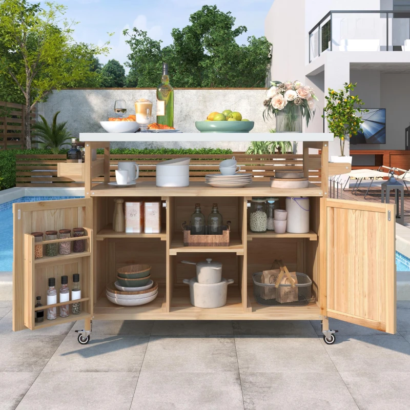Outdoor Kitchen Island with Stainless Steel Top, Spice and Towel Rack, Rolling Bar Cart with Lockable Wheels, 50" L x 18.5" W x 36.5" H, Natural