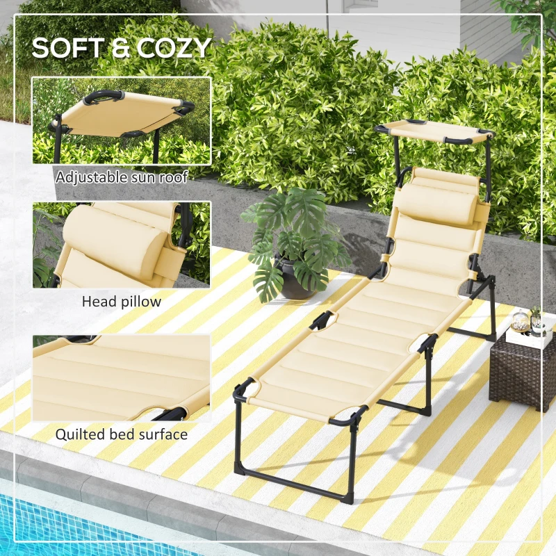 Outsunny Outdoor Lounge Chair, 4 Position Adjustable Backrest, Folding, Cushioned w/ Sun Shade Roof & Pillow, Cream White