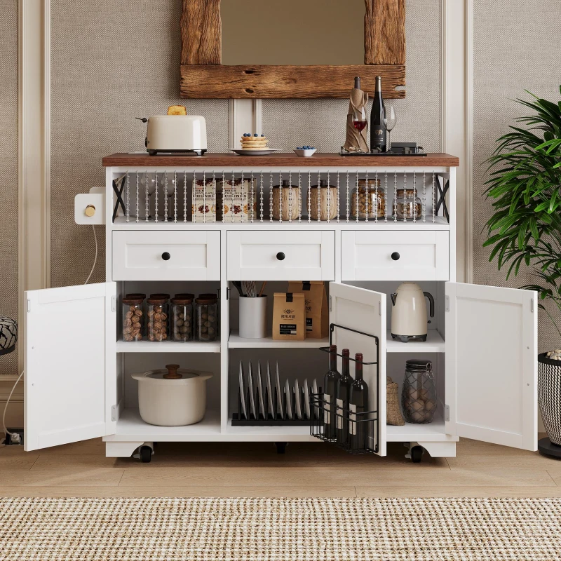 Farmhouse Kitchen Island Cart with Beaded Drape, Power Outlet, Drop Leaf, Rolling Wheels, 3 Doors, 3 Drawers, Adjustable Shelves, White