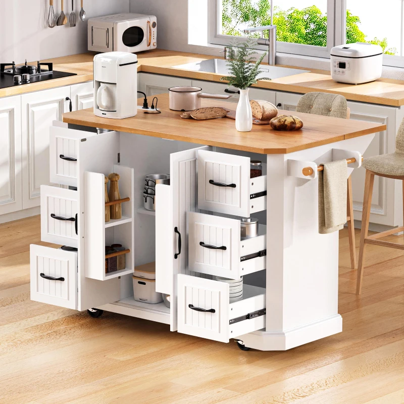 Kitchen Island with Power Outlet and Drop Leaf, 4 Door Shelves, Rolling Cart with Adjustable Shelves, Hidden Wheels, 55.5" L x 30" W x 36" H, White
