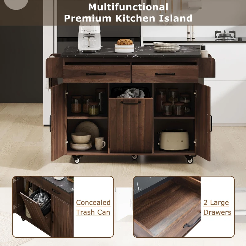 Kitchen Cart with Trash Can Storage, Drop Leaf, Spice and Towel Rack, Central Island with Rolling Wheels, 51" L x 31.5" W x 35" H, Walnut Brown
